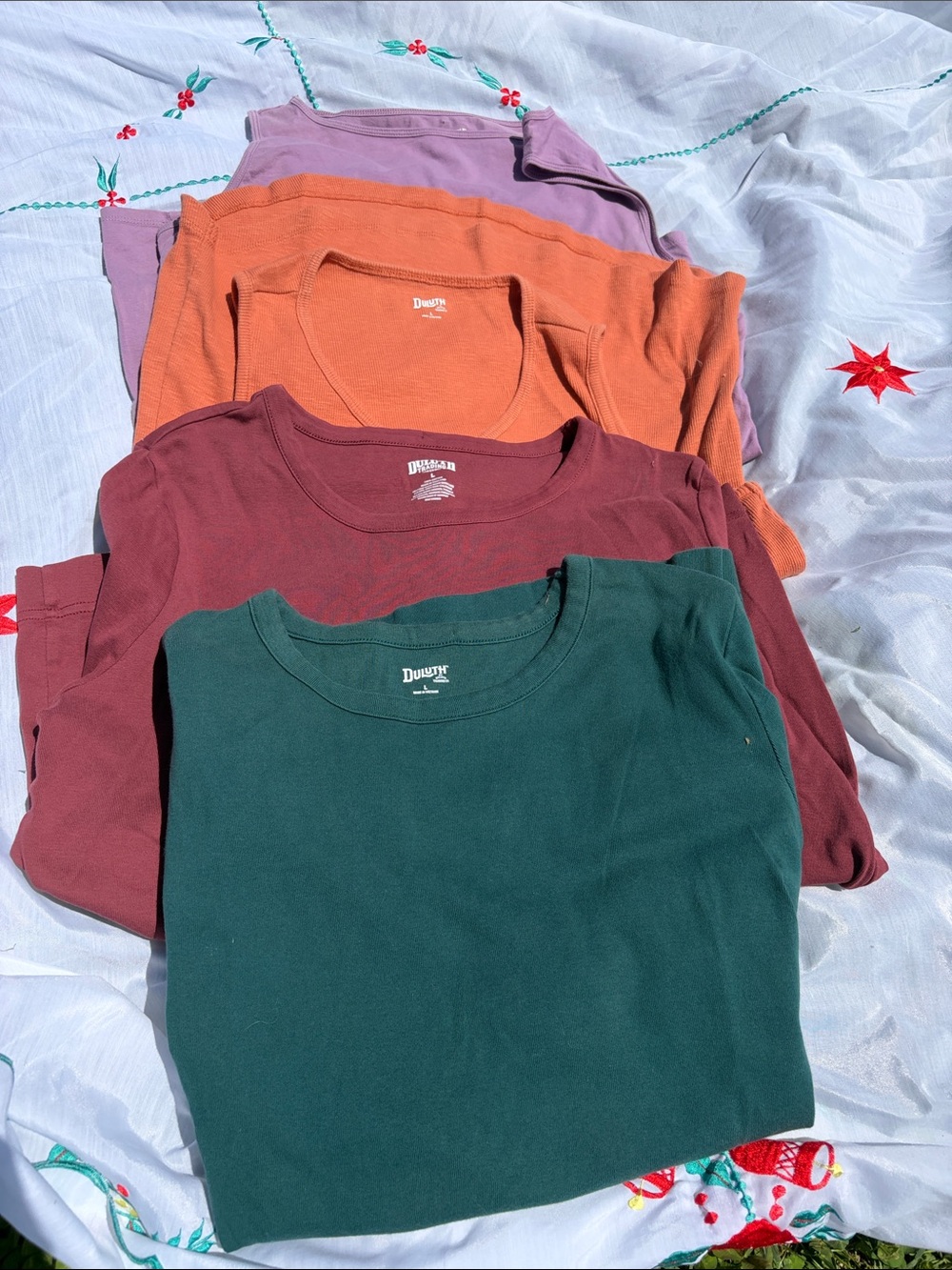 Duluth Trading Co. Crewneck Tee Lot - Forest Green, Burgundy, Orange, Lavender